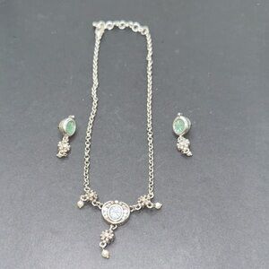 Brighton Signed Mystique Teal Floral Crystals Faux Pearls Necklace W/Earrings